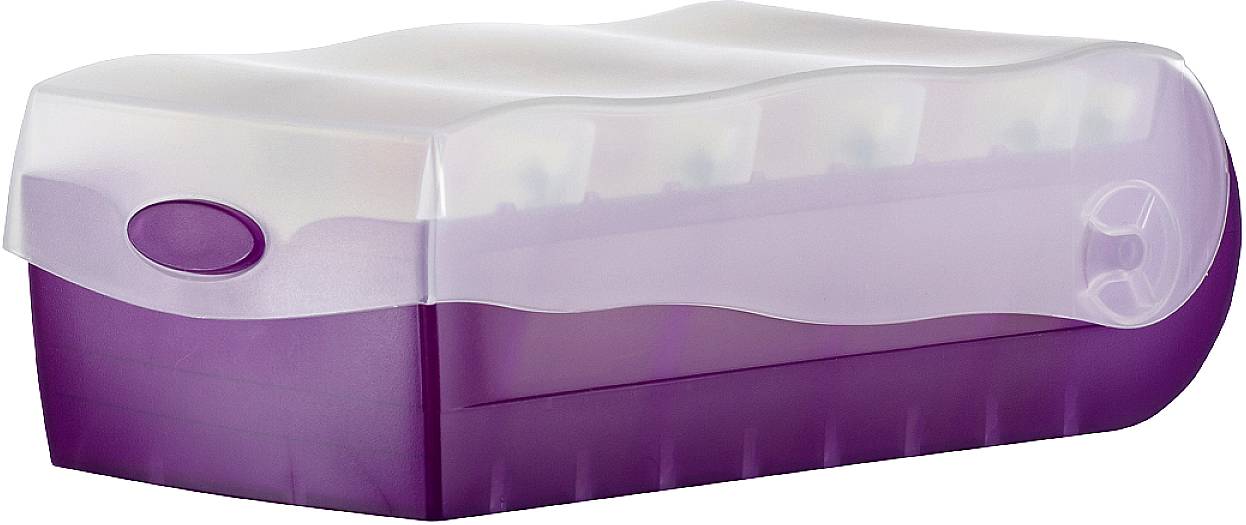 Boîte en plastique rectangulaire lilas, avec un couvercle transparent et une surface texturée. Adaptée au rangement de petits objets.