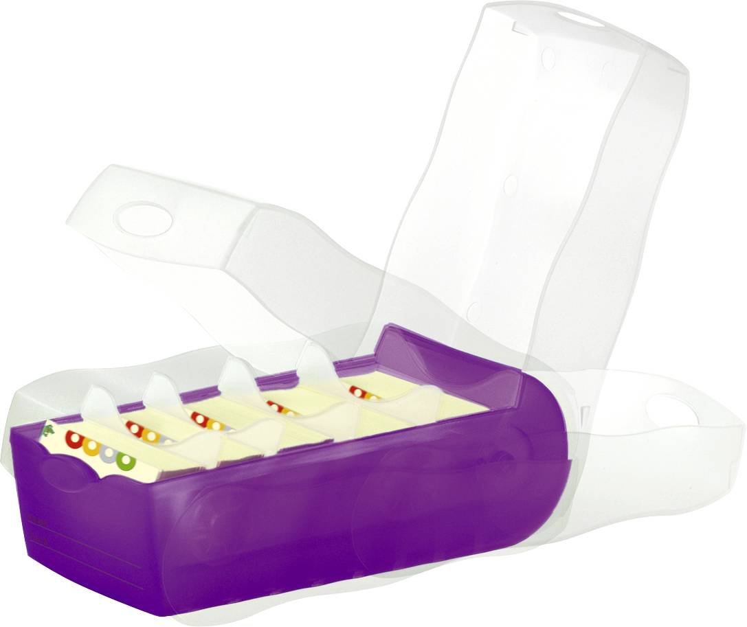 Boîte de médicaments Lila avec quatre compartiments, ouverte, montrant des étiquettes colorées. Couvercle transparent présent.