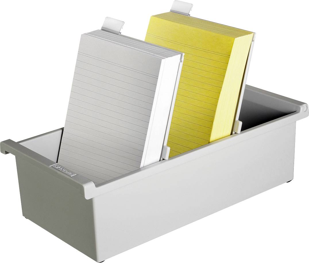 Bac en plastique gris contenant deux piles de papier ligné ; une pile blanche, l'autre jaune. Accessoire de rangement de bureau.