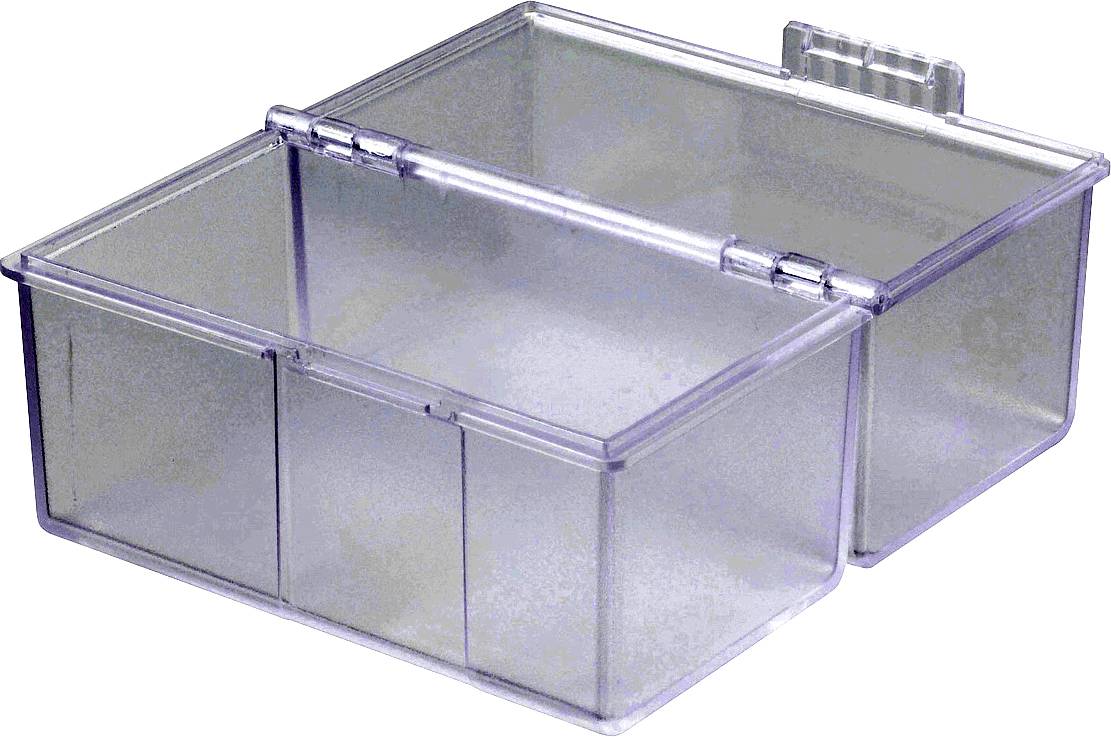 Boîte en plastique transparente à deux compartiments, reliés par une charnière. Idéale pour ranger de petits objets.