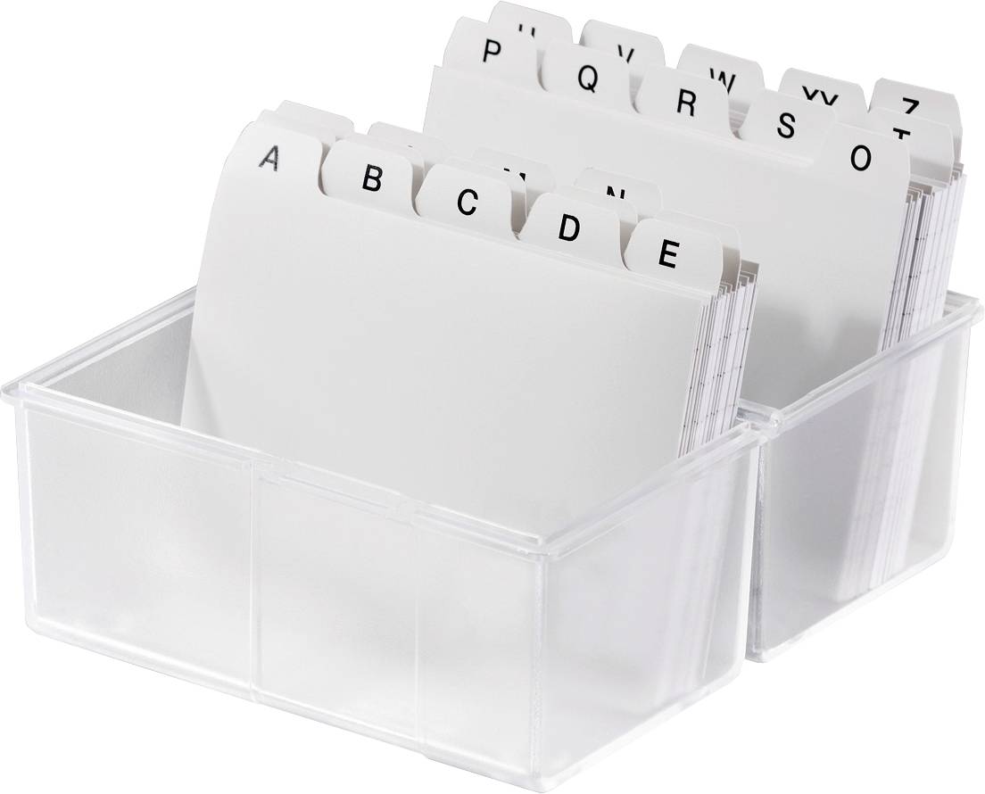 Deux boîtes de cartes transparentes, remplies de fiches intercalaires classées alphabétiquement de A à Z.