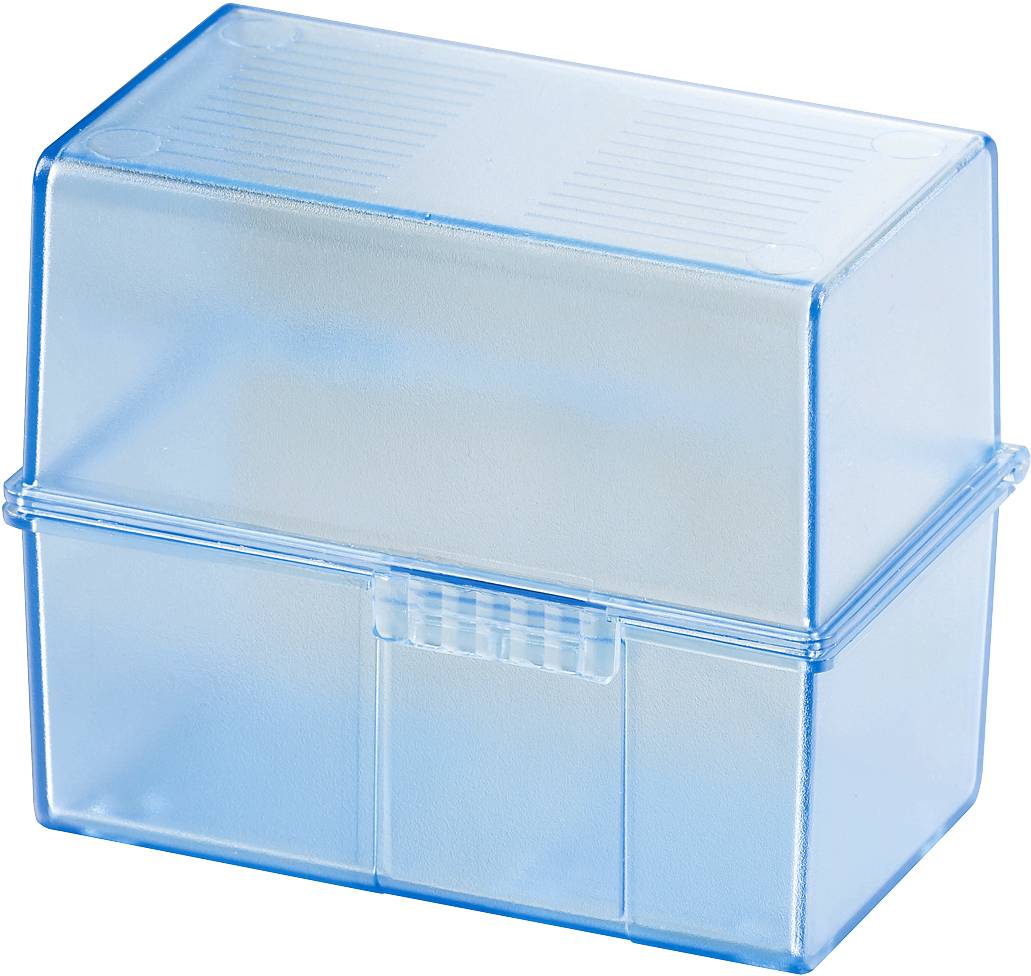 Récipient rectangulaire en plastique bleu transparent avec couvercle amovible, adapté au rangement de petits objets.