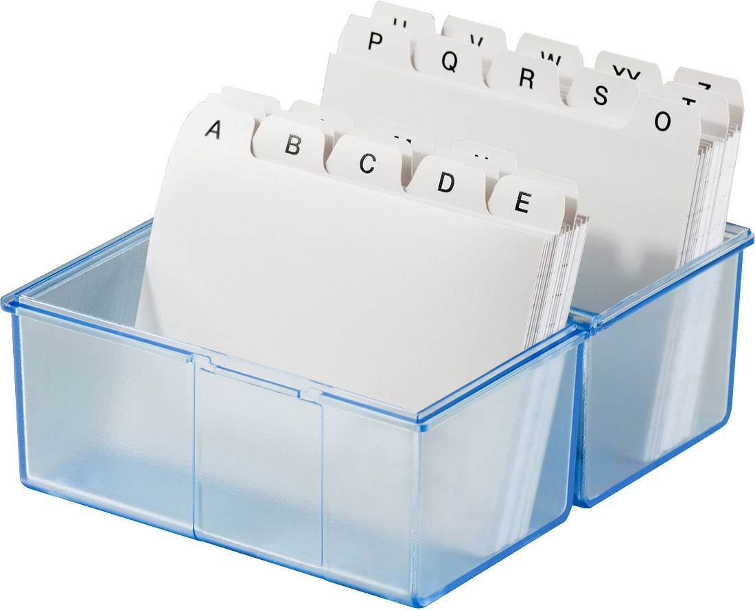 Porte-cartes bleu avec des cartes classées alphabétiquement. Les onglets en haut indiquent les lettres de 'A' à 'Z'.