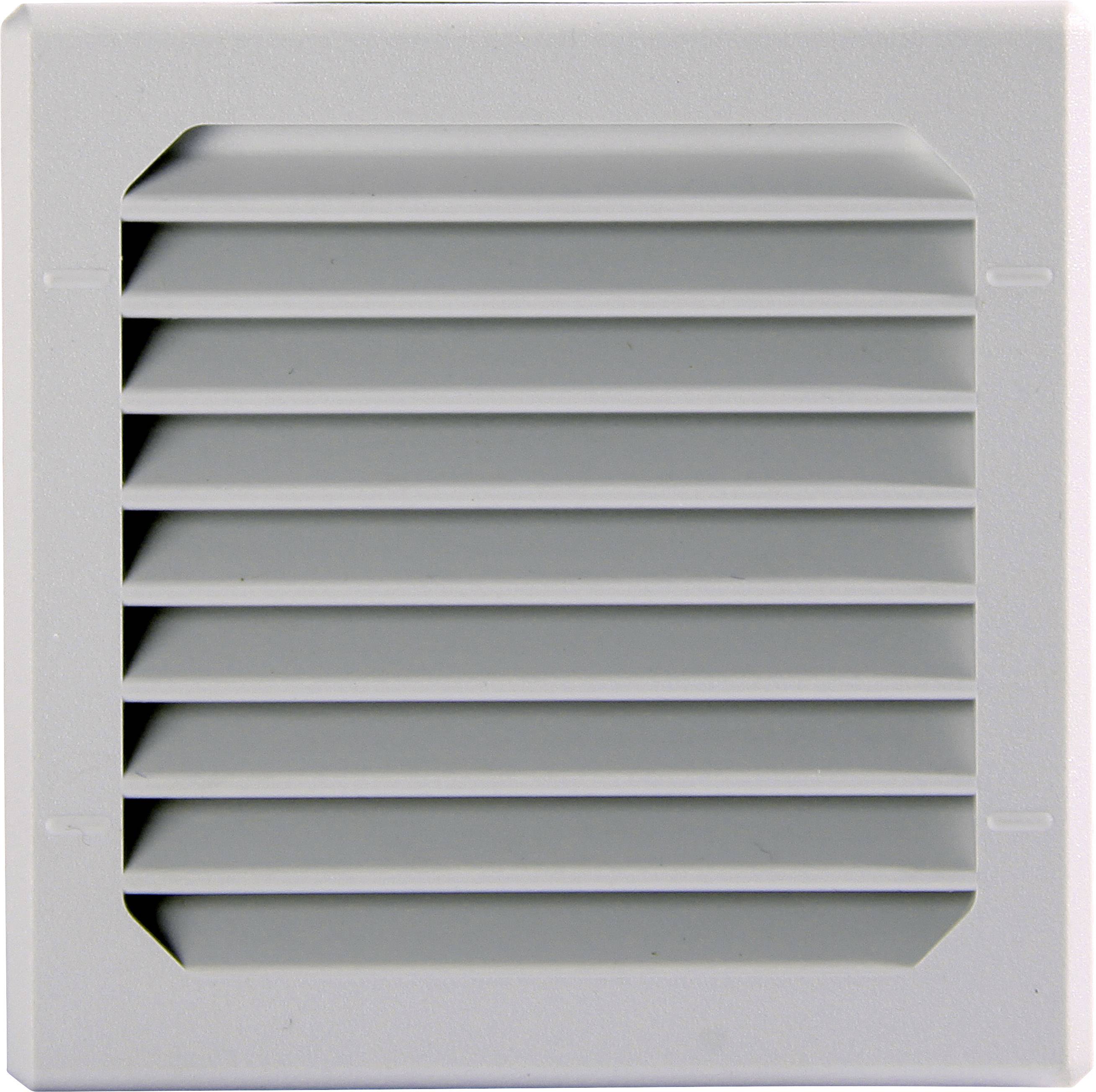 Grille de ventilation grise à lamelles horizontales, de forme carrée.