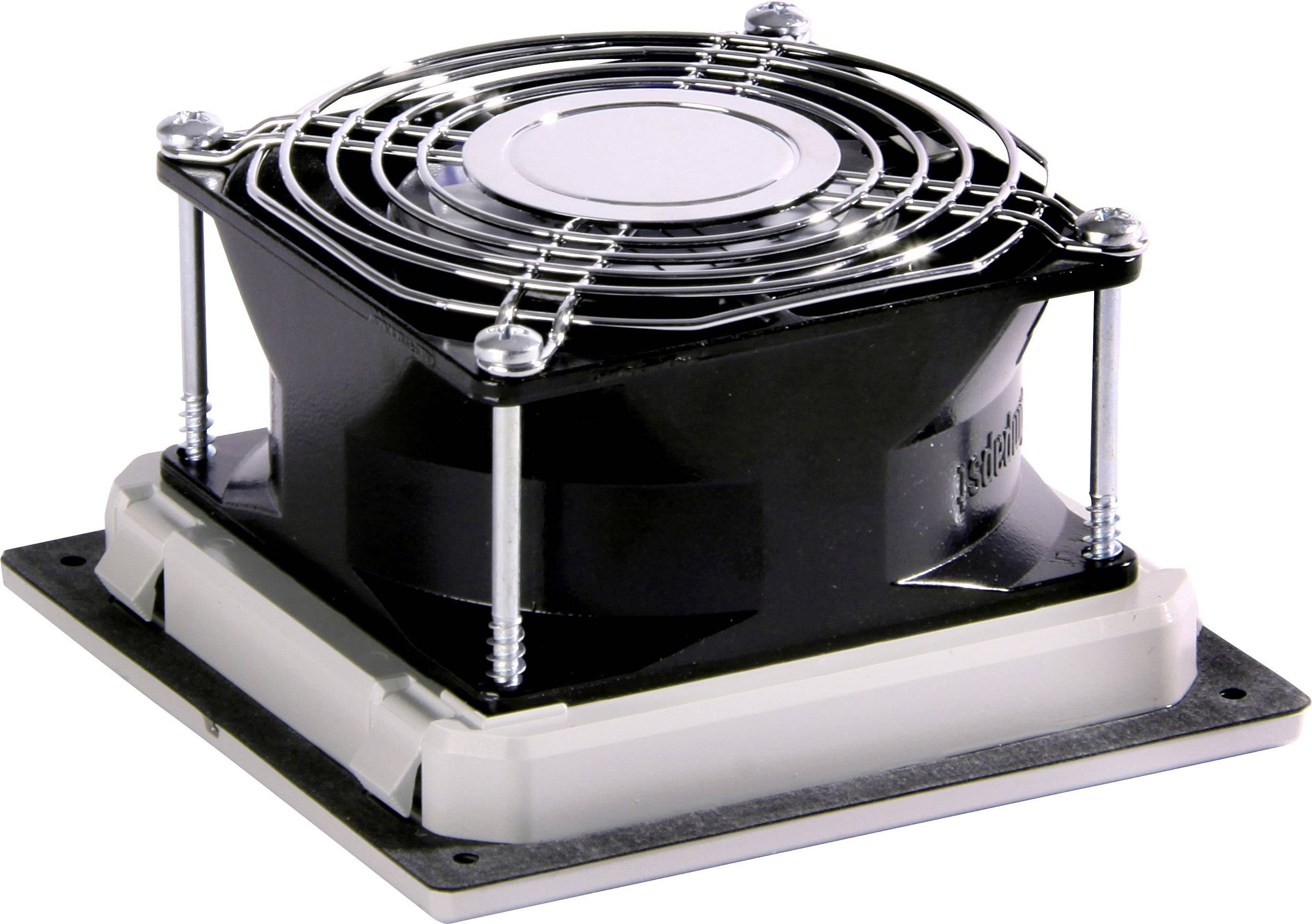Un ventilateur carré avec une grille de protection argentée et un boîtier noir, monté sur une base blanche, est présenté.