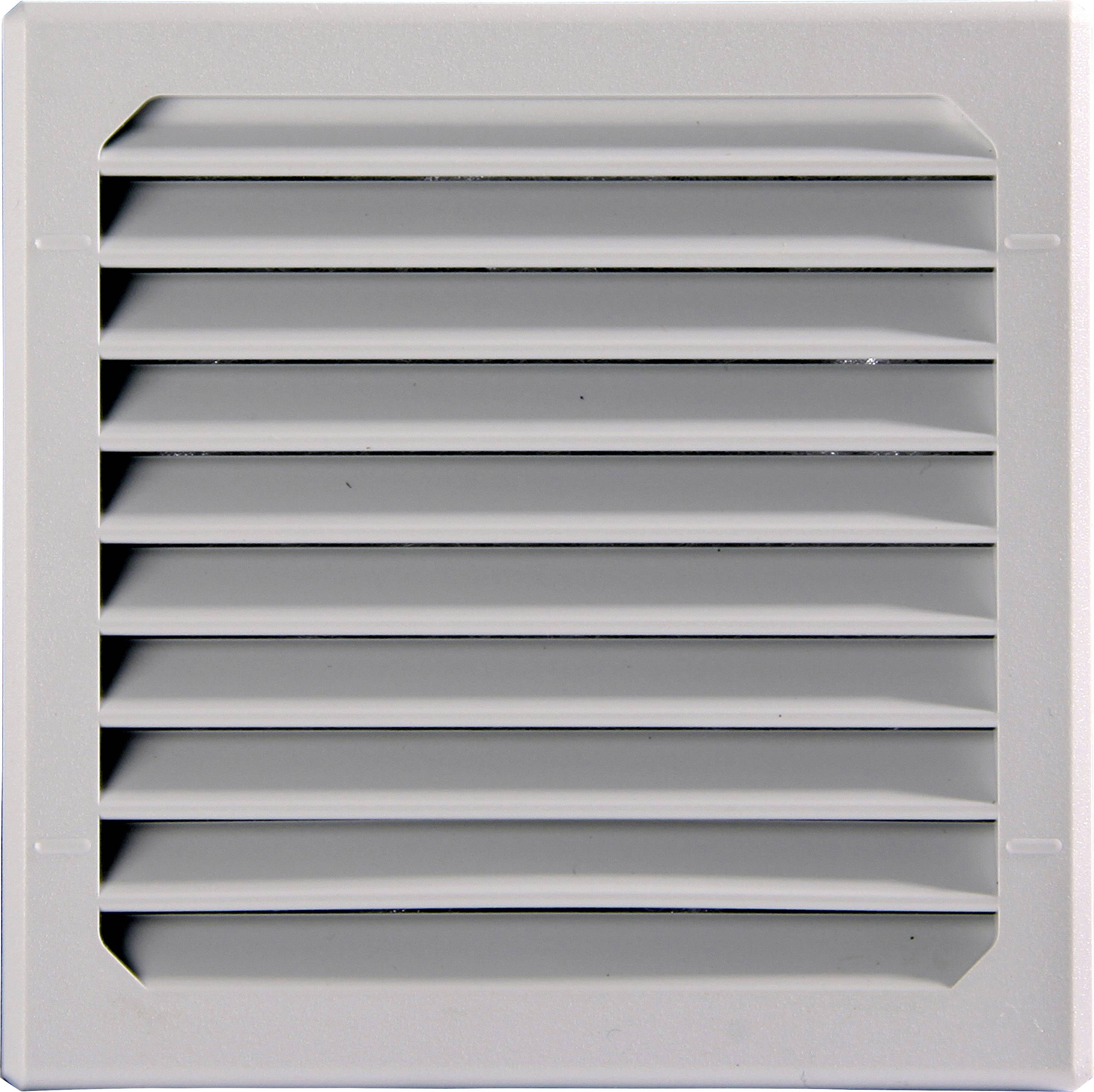 Un couvercle de ventilation carré, blanc, avec des lamelles horizontales uniformément disposées pour l'aération.