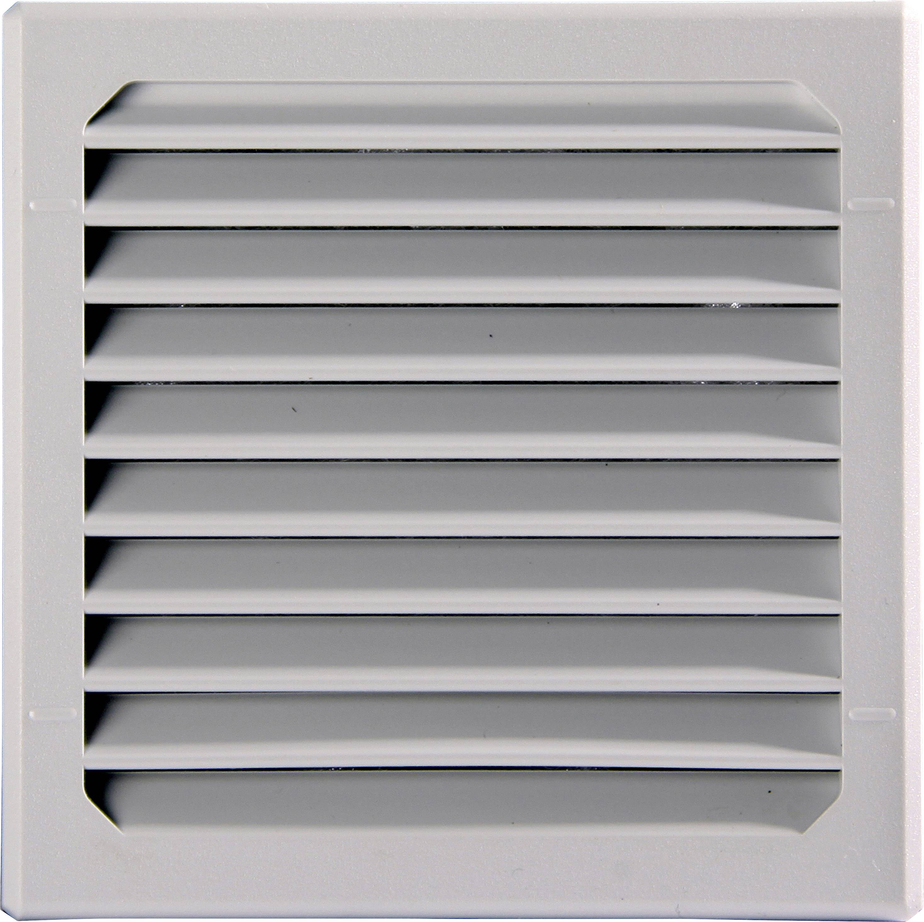 Grille de ventilation de forme carrée, en plastique blanc, avec des lamelles horizontales pour la ventilation des espaces.