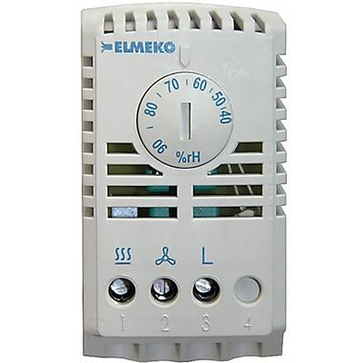 'Hygromètre ELMEKO avec potentiomètre pour l'humidité de l'air, échelle de 40 à 90 % HR, trois bornes de connexion avec symboles pour chauffage, ventilation, éclairage.'