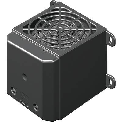 Dissipateur thermique noir, rectangulaire, équipé d'un ventilateur et de trous de fixation sur les côtés. Adapté pour les appareils électroniques.