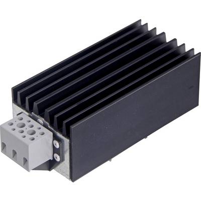 Dissipateur thermique en métal noir avec plusieurs ailettes, monté sur un bloc métallique argenté avec des bornes de connexion grises sur le côté.