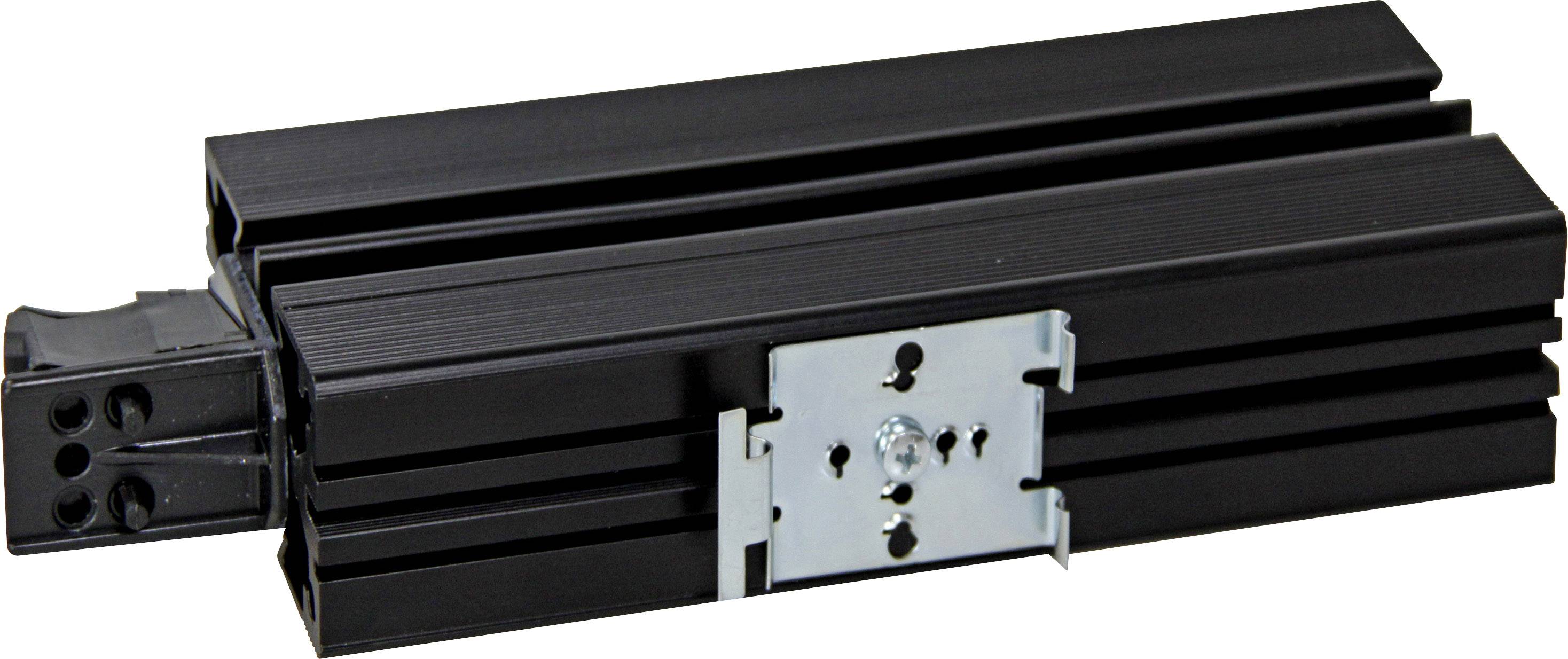 Profilé en aluminium noir avec connecteur métallique installé au centre, utilisé dans la construction mécanique ou pour des structures de cadres.