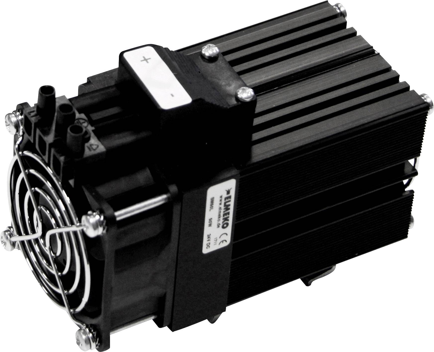 Un ventilateur électrique noir et rectangulaire avec des ailettes de refroidissement et un ventilateur intégré. Marqué de signes '+' et '-' sur le dessus.