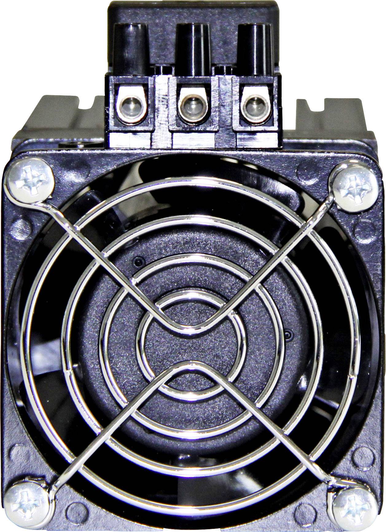 Ventilateur avec grille métallique, fixé par quatre vis aux angles, trois connexions électriques visibles à l'arrière.