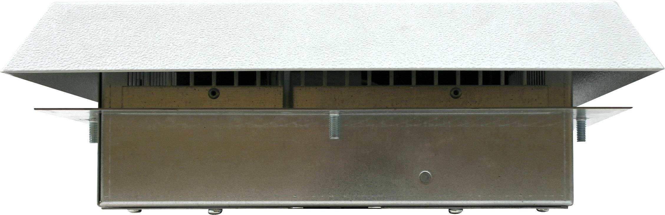 Boîtier métallique de forme rectangulaire avec un toit biseauté. Ouvertures de ventilation sur le dessus, adapté aux appareils techniques.