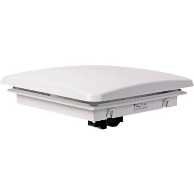 Un ventilateur de toit blanc rectangulaire avec une surface lisse et des bords arrondis, adapté aux caravanes ou aux camping-cars.