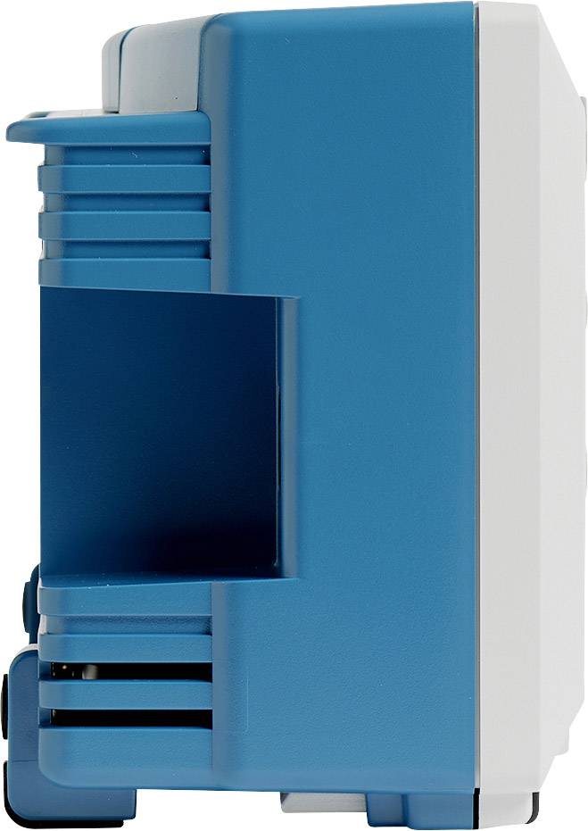 Appareil bleu, rectangulaire, avec des compartiments latéraux ouverts et une surface striée, vue de côté sur un mur blanc neutre.