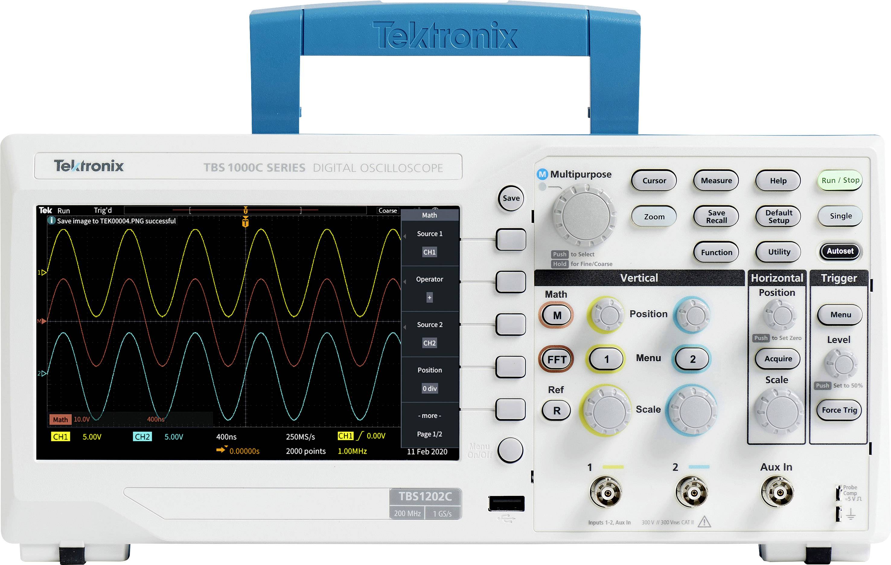 'Oscilloscope de la série TBS1000C avec une représentation d'onde à l'écran. Différents boutons de commande sont visibles sur le côté droit.'