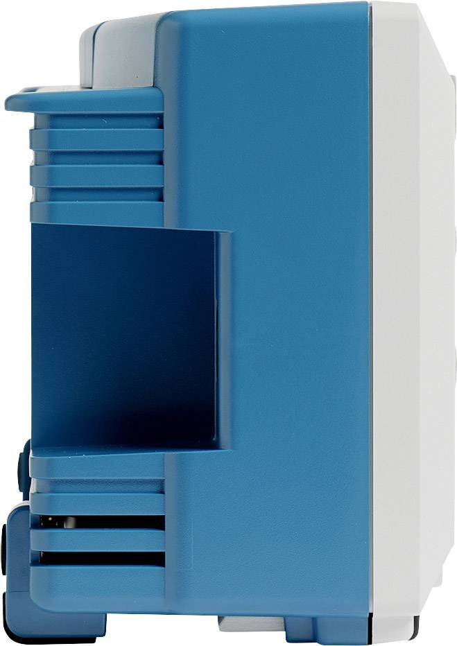 Appareil électrique bleu et blanc avec une trappe latérale, vu de côté. La fonction et le contexte de l'appareil ne sont pas clairement identifiés.