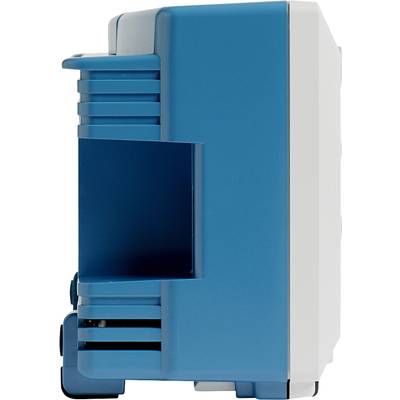 Appareil électrique bleu et blanc avec une trappe latérale, vu de côté. La fonction et le contexte de l'appareil ne sont pas clairement identifiés.