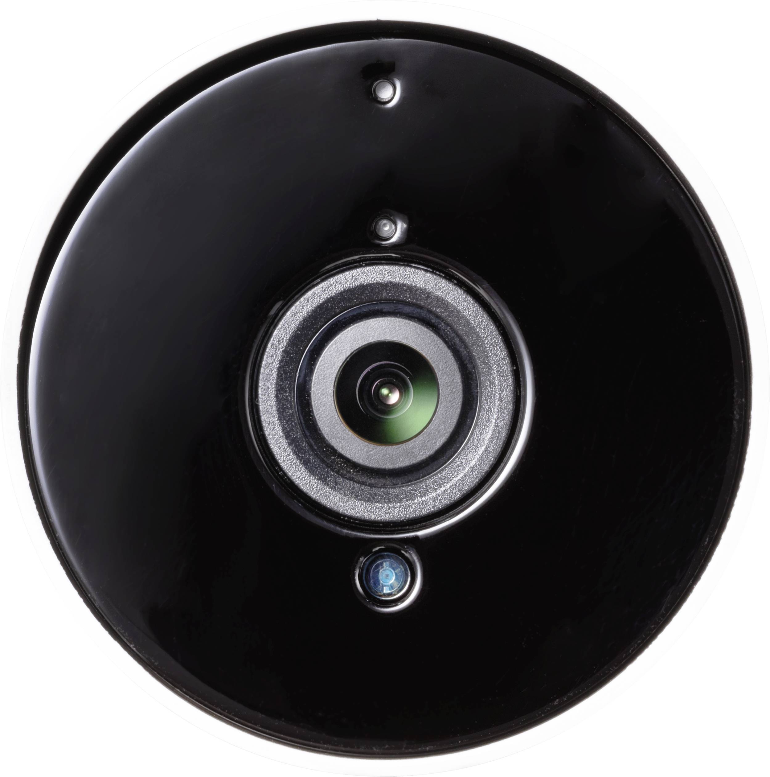 Gros plan d'une caméra de sécurité circulaire, avec un focus central sur l'objectif, entourée d'un cadre noir et munie d'un petit capteur bleu en-dessous.