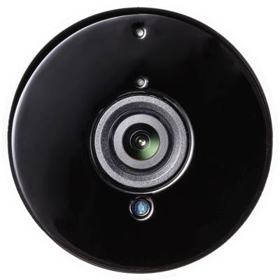 Gros plan d'une caméra de sécurité circulaire, avec un focus central sur l'objectif, entourée d'un cadre noir et munie d'un petit capteur bleu en-dessous.