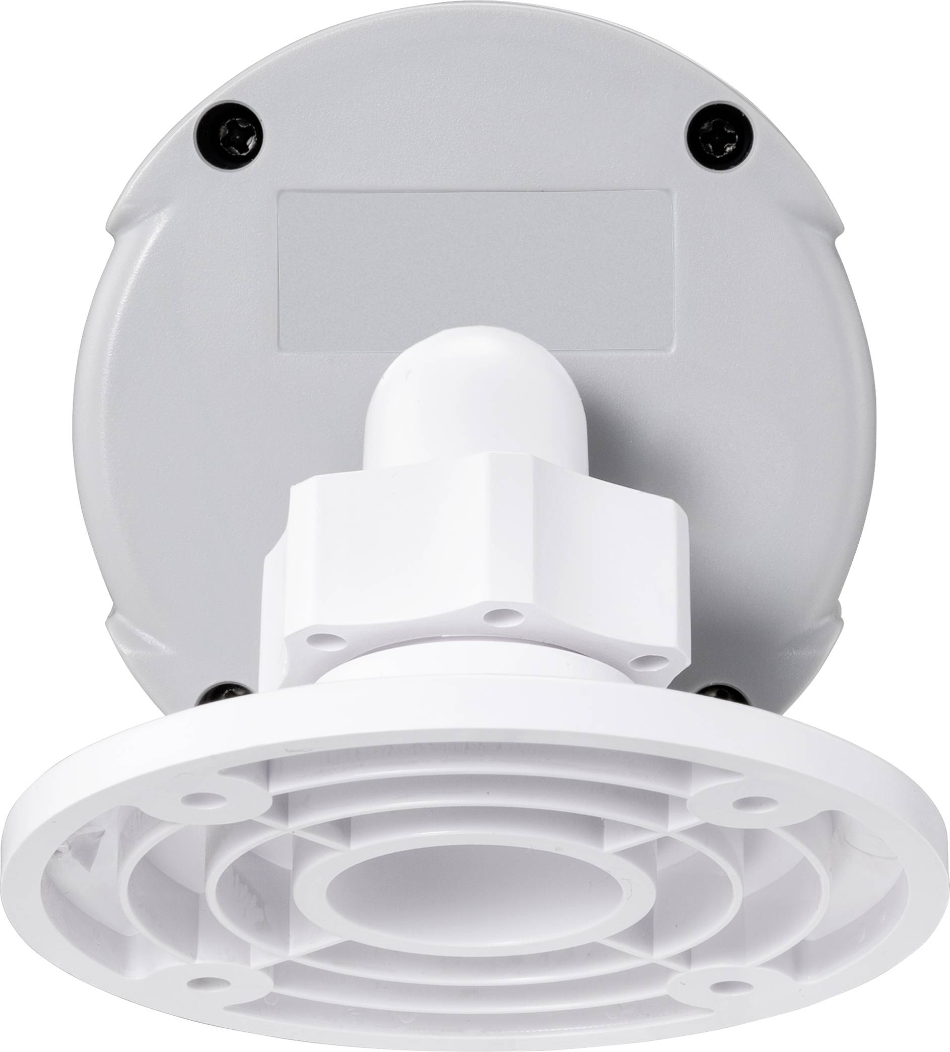 Un support de plafond blanc pour caméras, en plastique, avec des vis sur le dessus pour une fixation au plafond ou au mur.