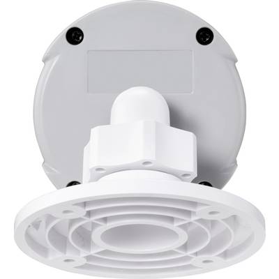 Un support de plafond blanc pour caméras, en plastique, avec des vis sur le dessus pour une fixation au plafond ou au mur.