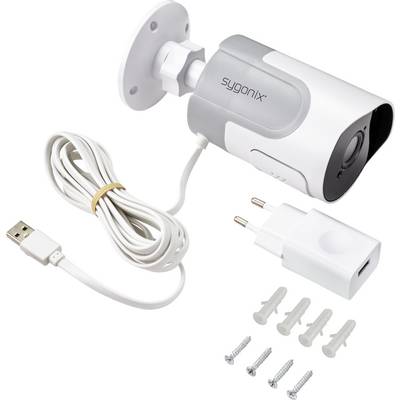 Ensemble caméra de surveillance comprenant une caméra, un câble USB, un adaptateur secteur et des vis de fixation.