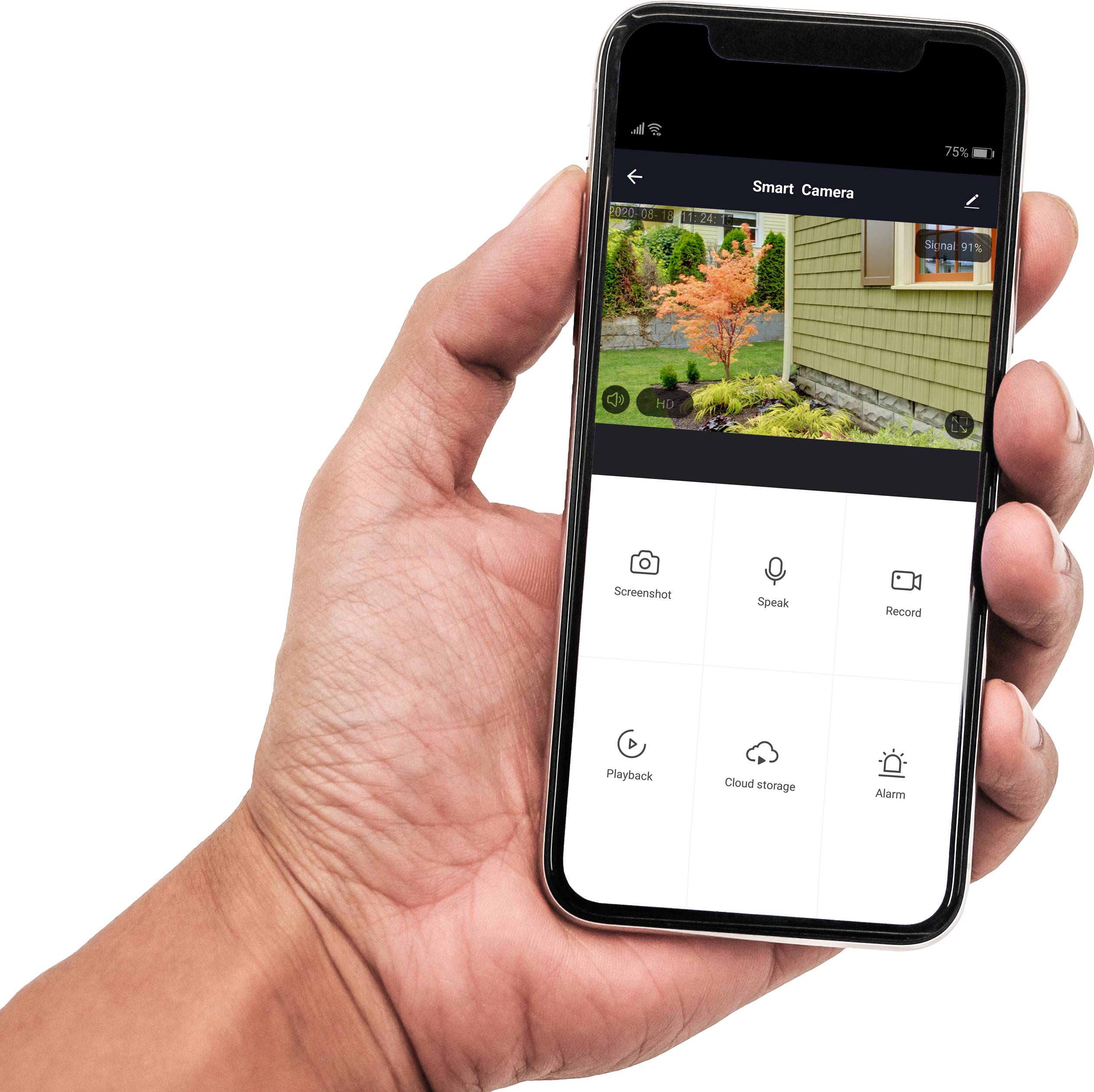 Une personne tient un smartphone affichant l'interface d'une application de caméra intelligente, avec des fonctionnalités d'enregistrement et de parole.