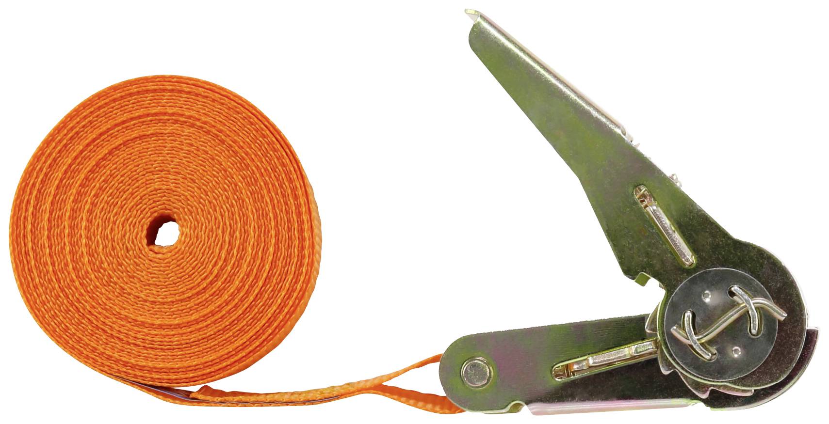 Une sangle d'arrimage orange avec cliquet, enroulée et prête à sécuriser un chargement.