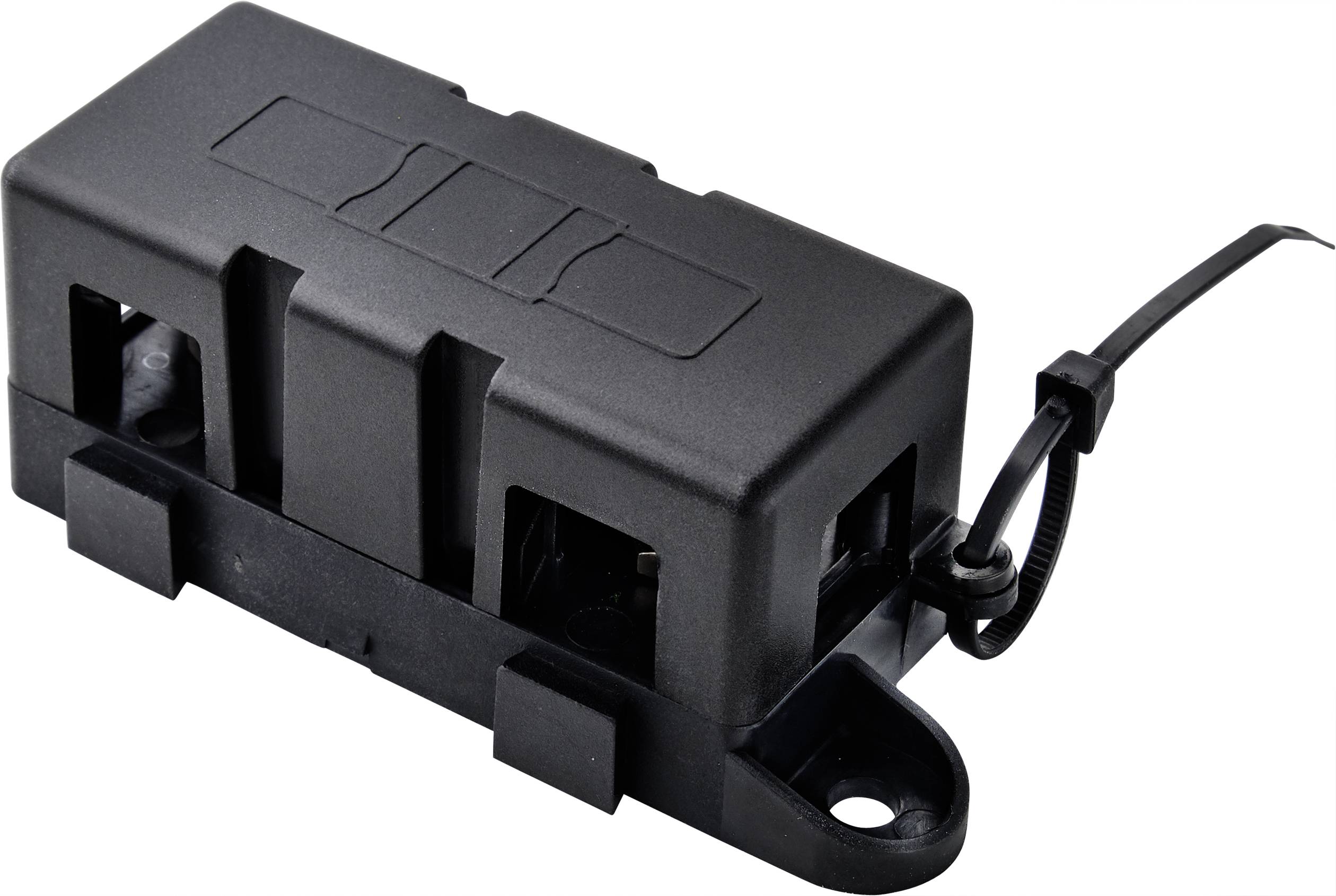 Un capteur noir, rectangulaire, dans un boîtier fixé par des attaches de câble, montable. Connexions et supports clairement visibles.