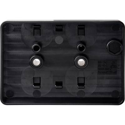 Un boîtier en plastique noir, rectangulaire, avec plusieurs trous de fixation circulaires et deux découpes rectangulaires.