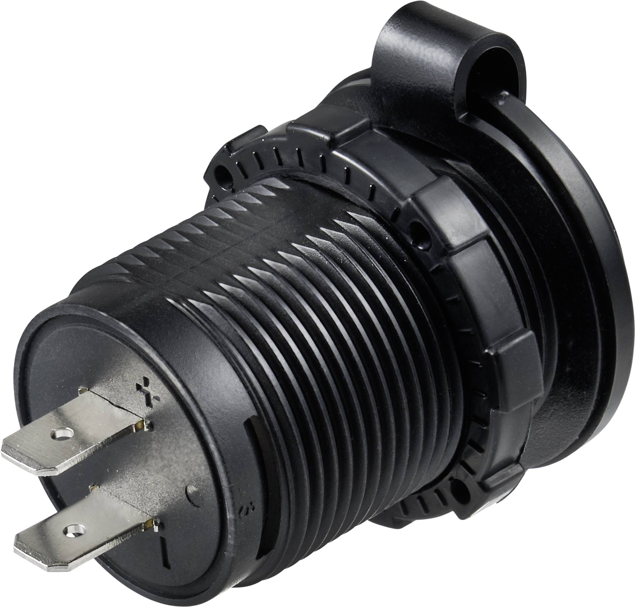 Adaptateur de chargement USB noir à deux fiches avec texture rainurée, vue latérale, montrant les détails de connexion.