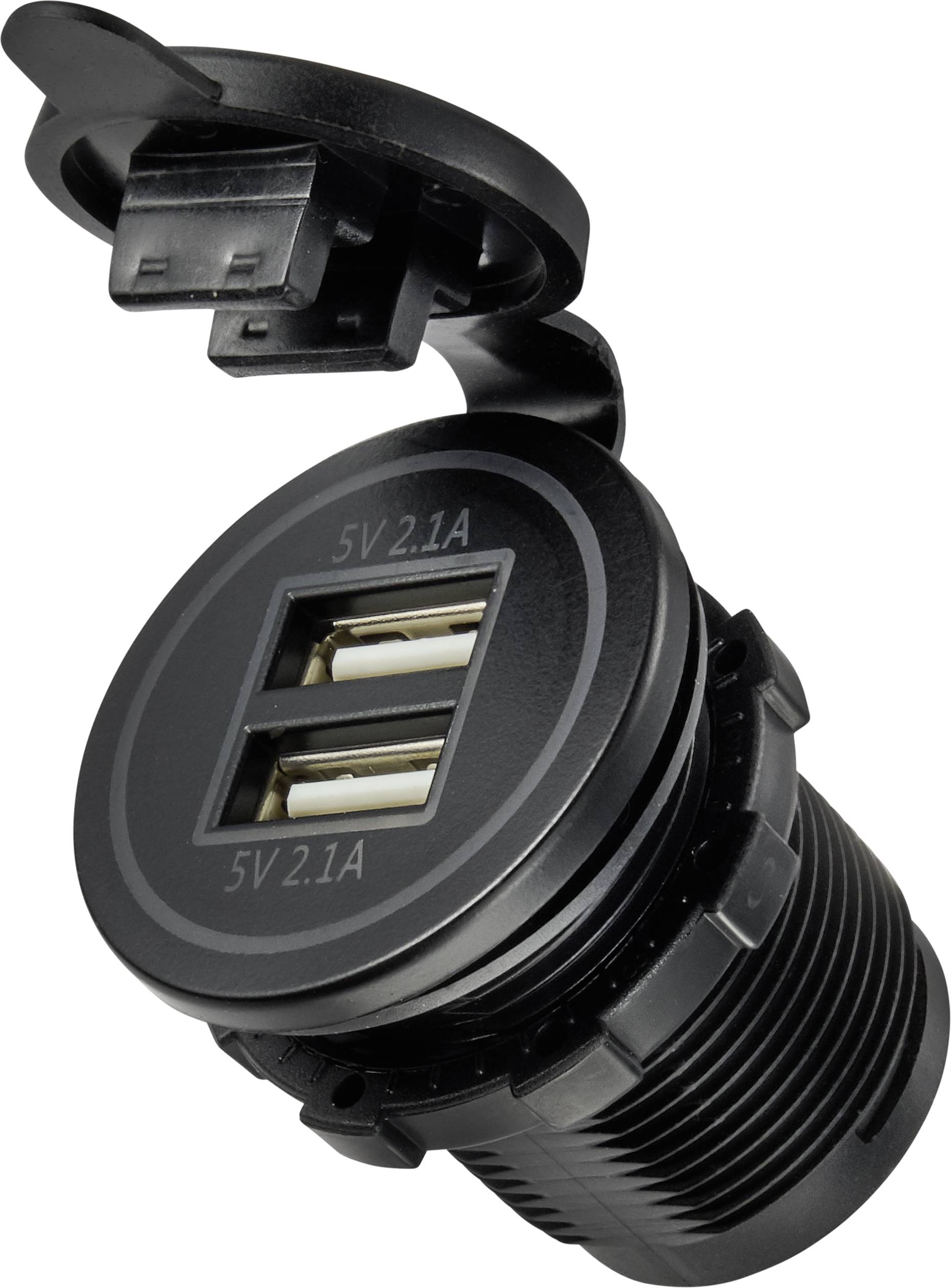 Un chargeur USB noir et rond avec deux ports USB et un capuchon ouvert. Inscription : « 5V 2.1A ».