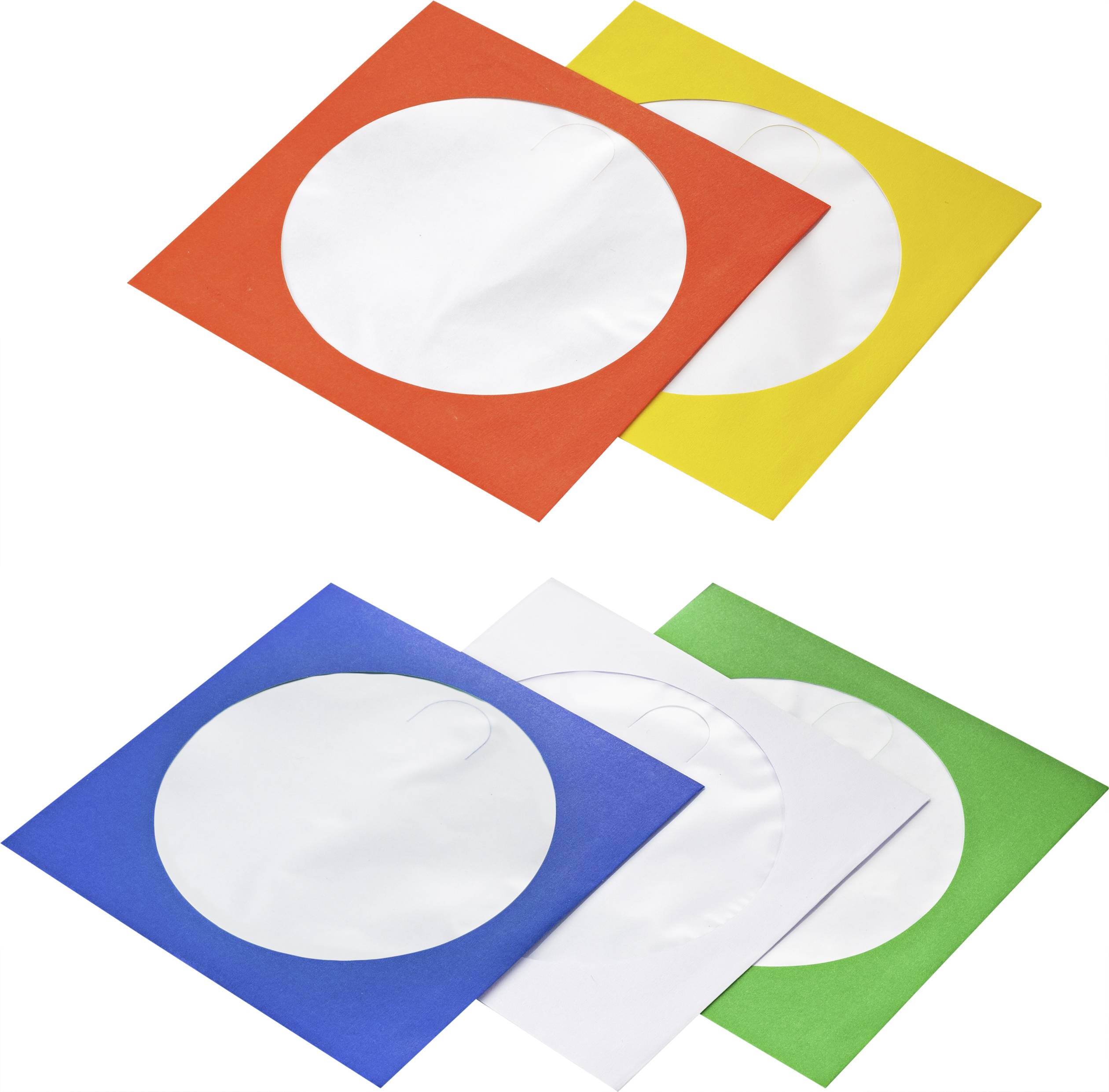 Quatre pochettes de CD ou de disques vinyles colorées en rouge, jaune, bleu et vert avec des pochettes intérieures blanches.