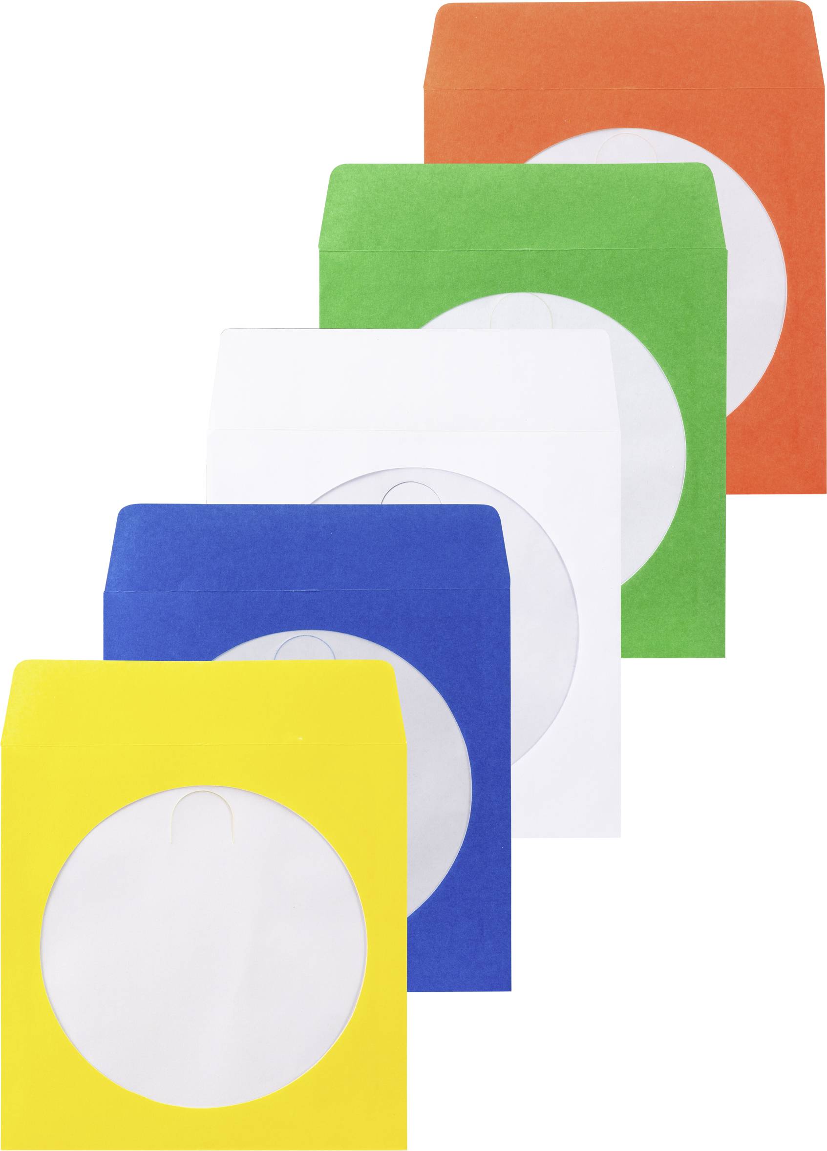 Cinq enveloppes en papier colorées - jaune, bleue, blanche, verte et rouge - empilées les unes sur les autres, avec une fenêtre ronde transparente sur le devant.