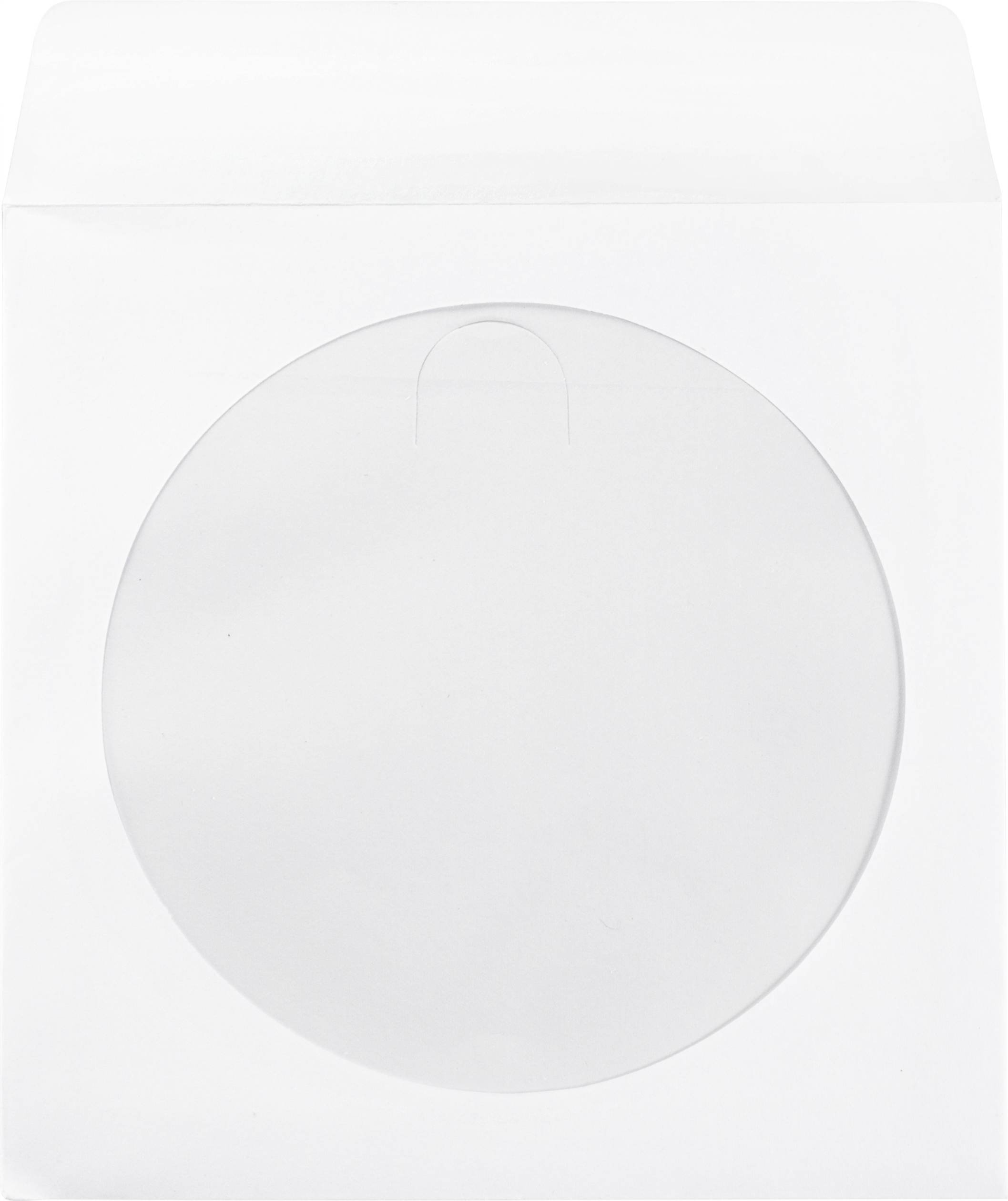 Pochette en papier blanc carré avec une fenêtre transparente ronde, probablement destinée à une CD ou un disque vinyle.