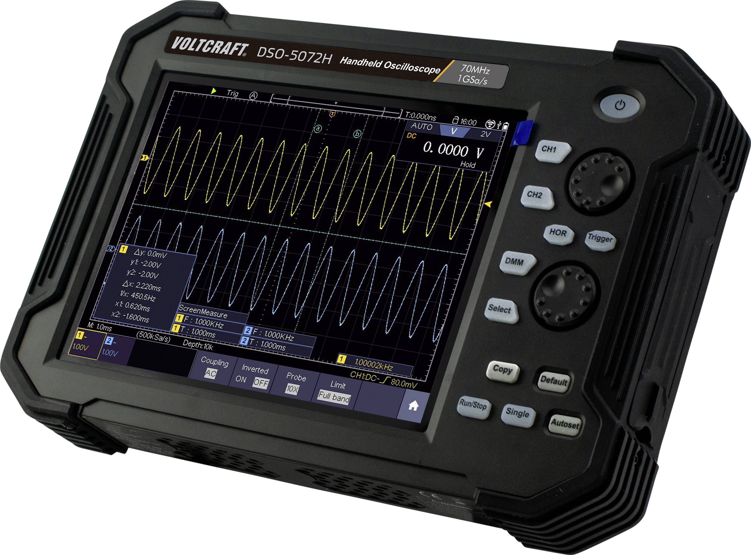 Oscilloscope portable avec un diagramme d'ondes à l'écran montrant des signaux électriques. Touches de commande sur le côté.