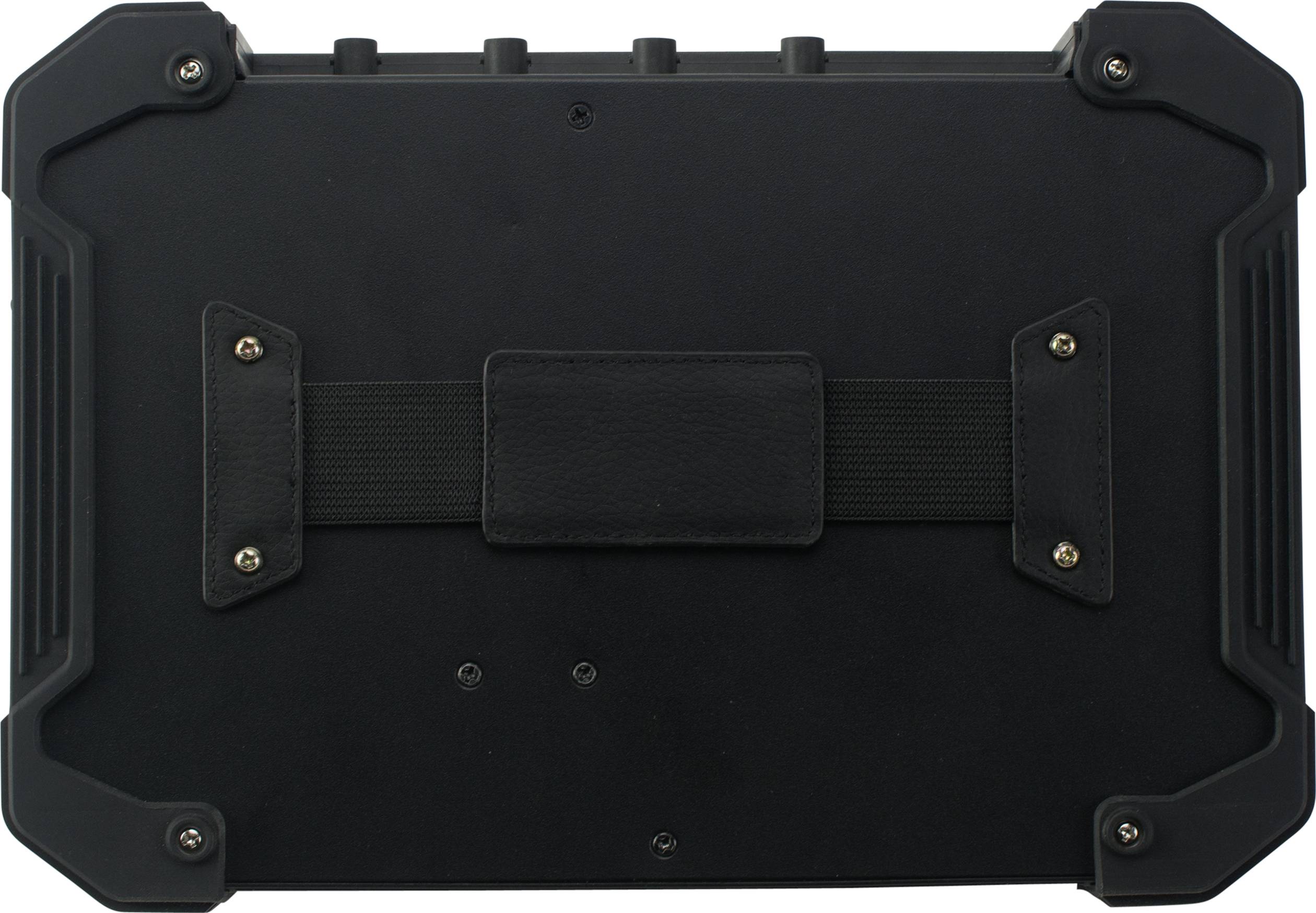 Un dispositif robuste, rectangulaire, noir avec des coins renforcés et une bandoulière centrale sur l'arrière.