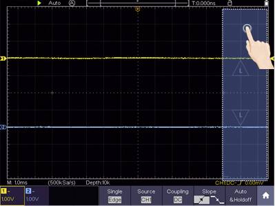 Un oscilloscope affichant deux formes d'ondes en couleurs différentes. Une main touche l'écran pour ajuster les paramètres ou effectuer des mesures.