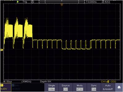 Un écran d'oscilloscope affiche un signal jaune en forme d'onde avec des pics montants et descendants, qui se transforme en ondes stables.