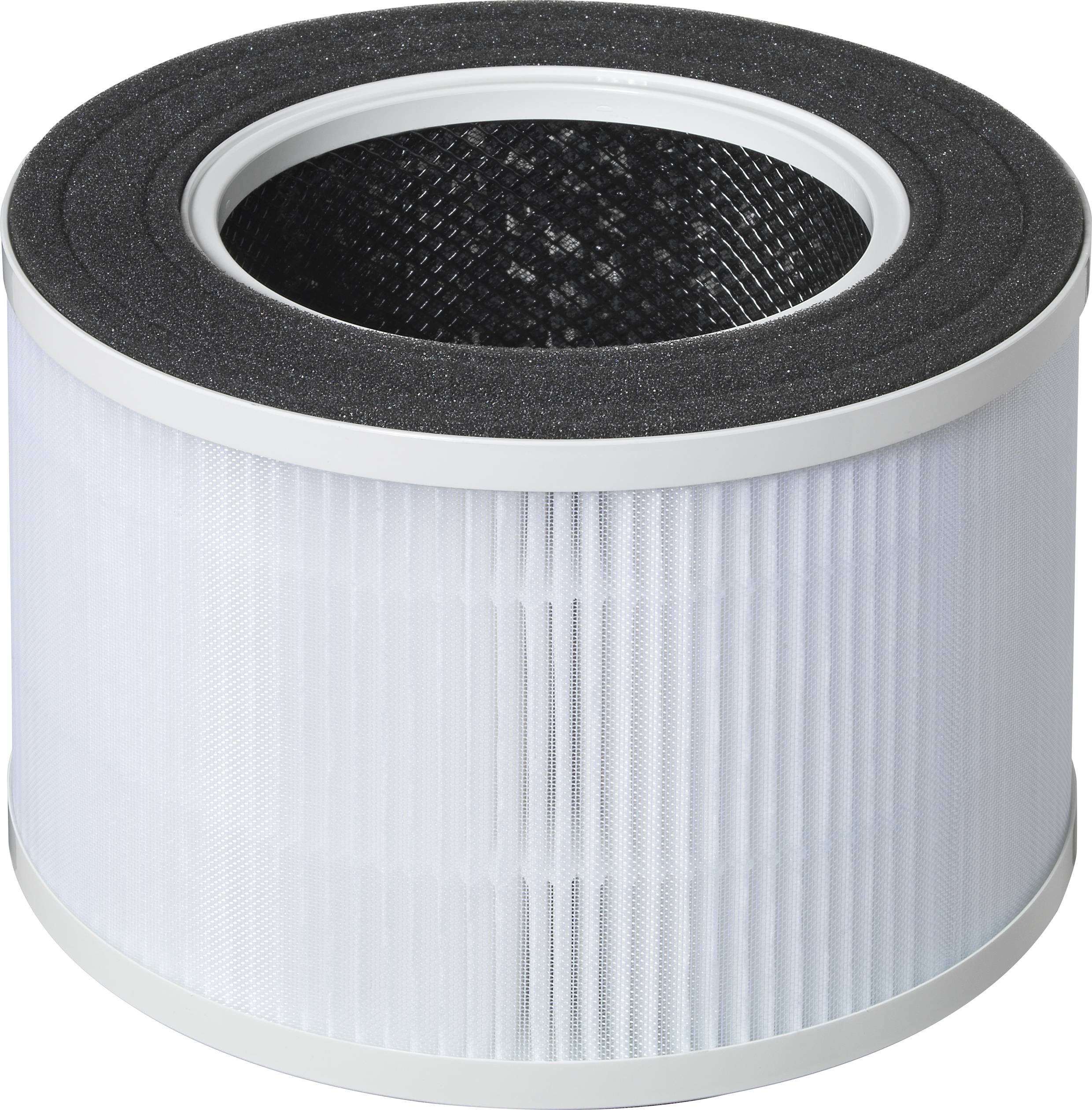Un filtre à air cylindrique en matériau filtrant blanc plissé, avec un joint en caoutchouc noir, vu de côté.