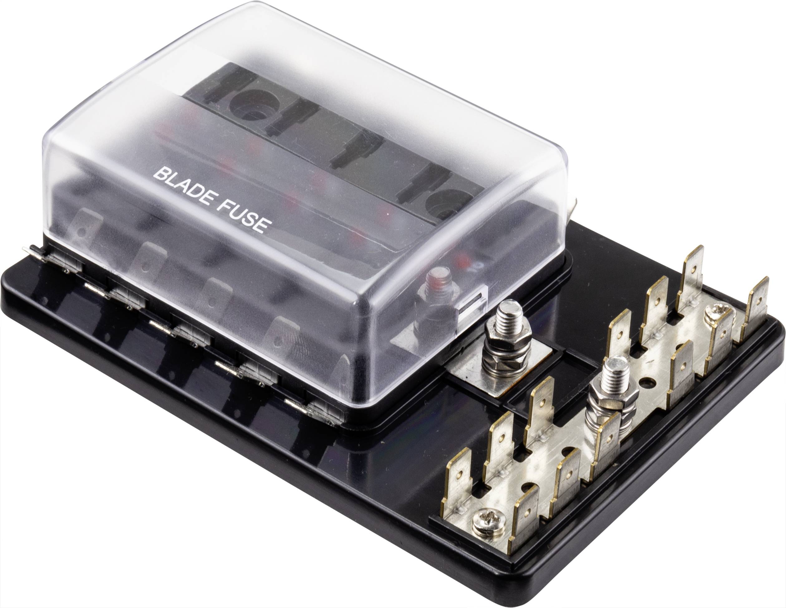 Support de fusibles à broches (blade fuse) avec couvercle transparent en plastique et contacts métalliques, adapté pour accueillir plusieurs fusibles plats.