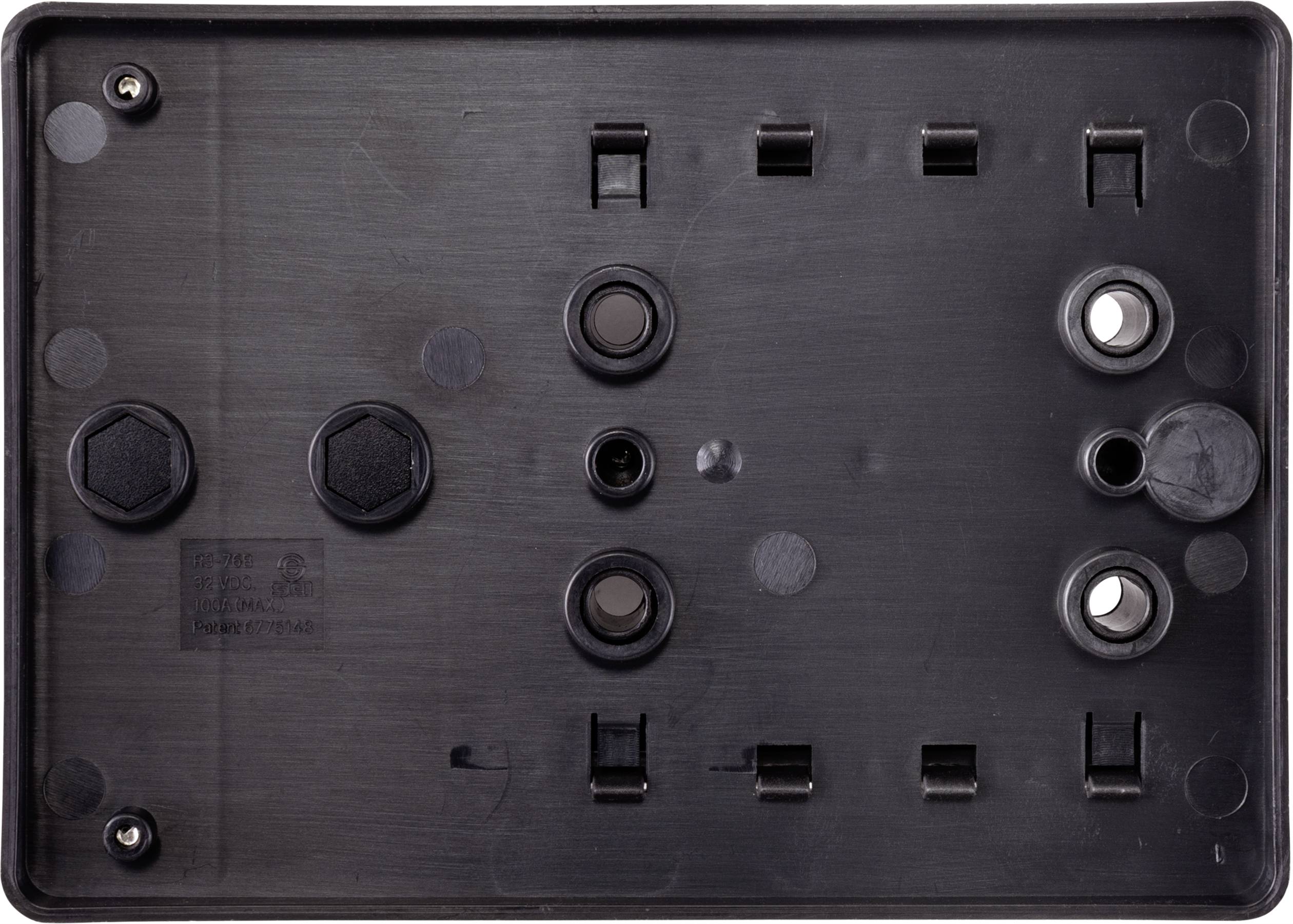 Plaque en plastique noir avec plusieurs trous et points de fixation, probablement un support ou un panneau arrière d'un appareil électronique.
