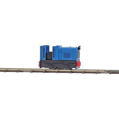 Un modèle bleu d'une petite locomotive sur une voie ferrée, design réaliste, détails rouges à l'avant, vue de côté.