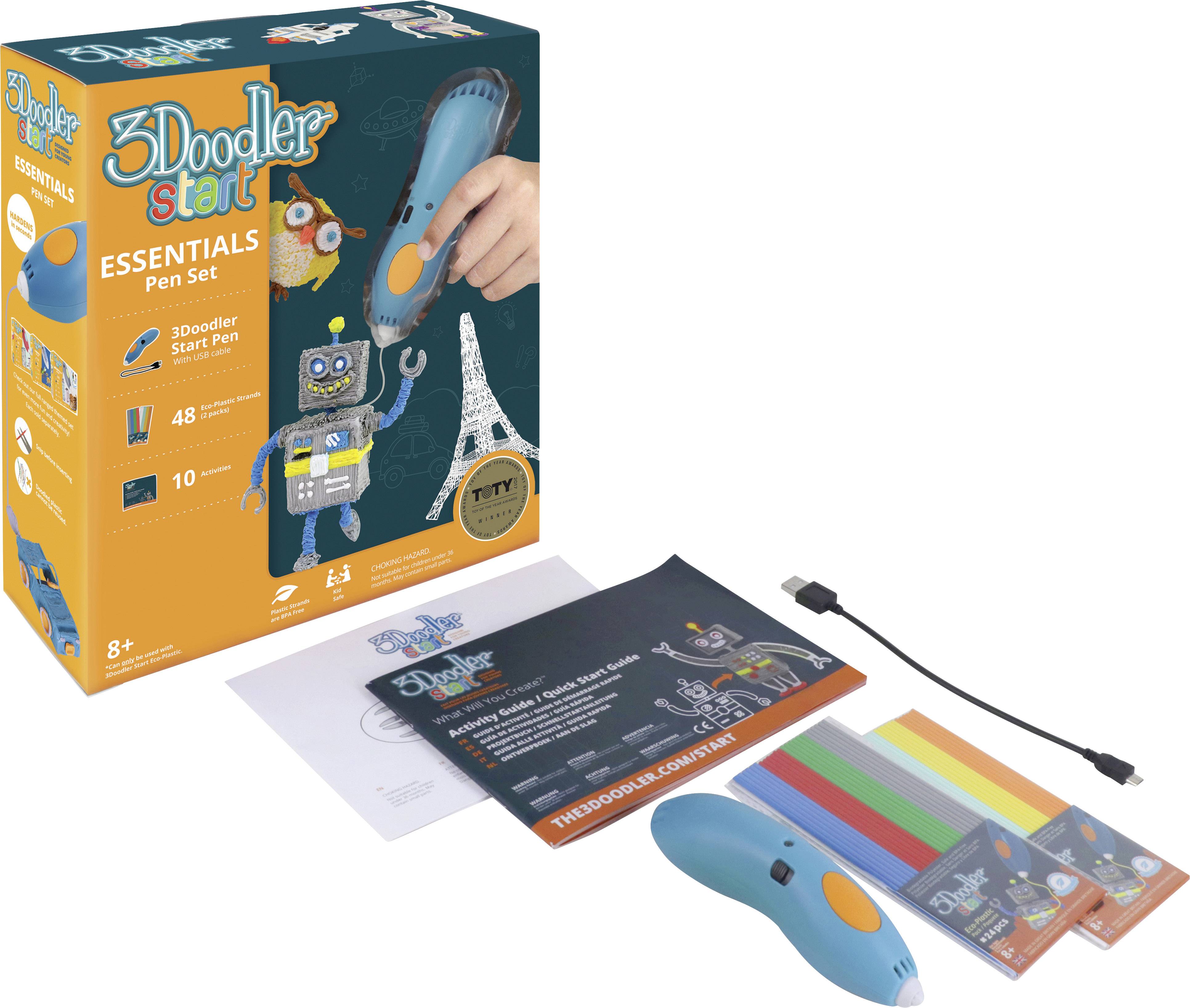 Emballage et contenu du kit de stylo '3Doodler Start Essentials', comprenant un stylo 3D, un câble de chargement, des bâtons de plastique et des instructions.