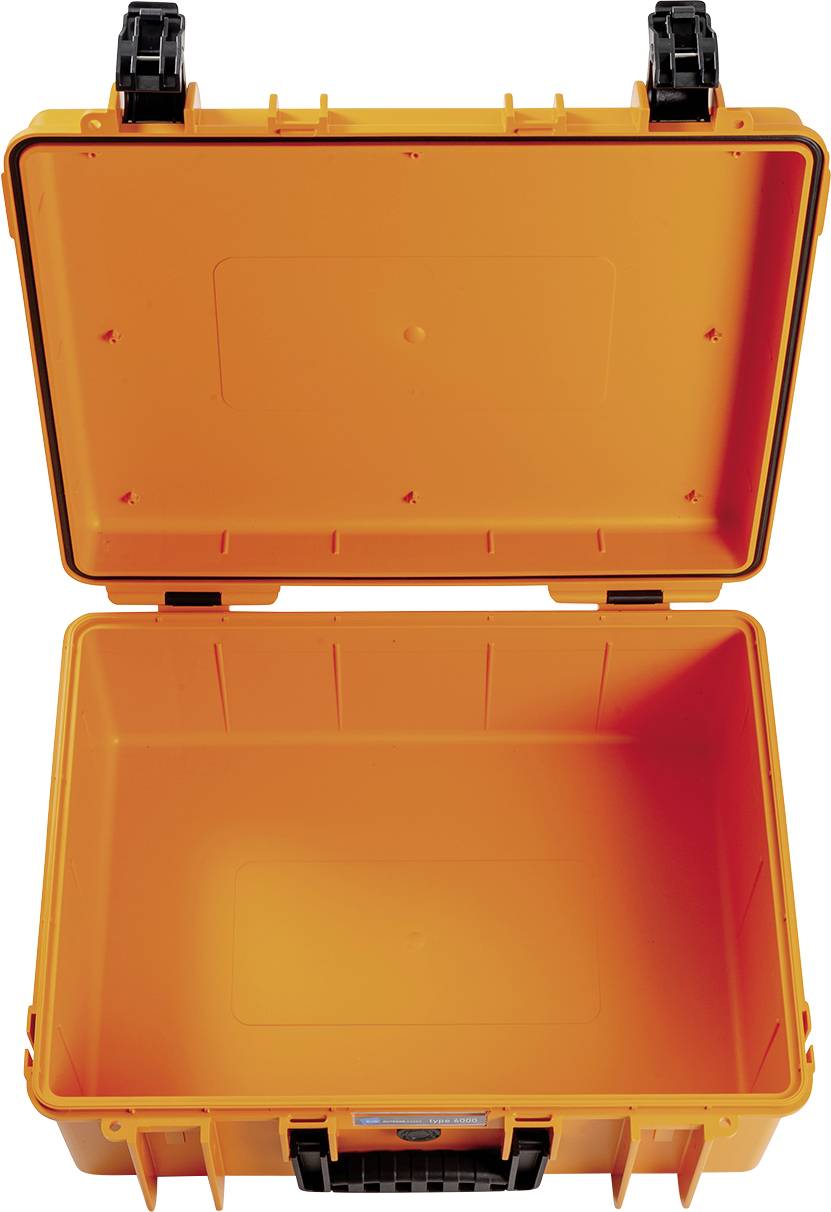Valise de protection orange à couvercle ouvert, robuste et vide, adaptée au transport sécurisé d'équipements ou d'outils.