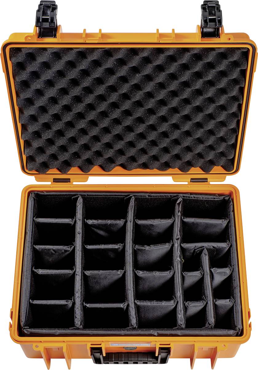 Une valise ouverte orange avec doublure en mousse et compartiments ajustables pour le rangement sécurisé d'objets fragiles.