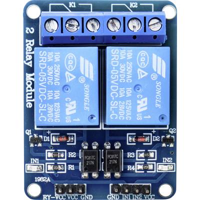 Un module relais à 2 canaux avec des bornes bleues pour les connexions électriques et deux relais bleus pour la commande en 5V DC.