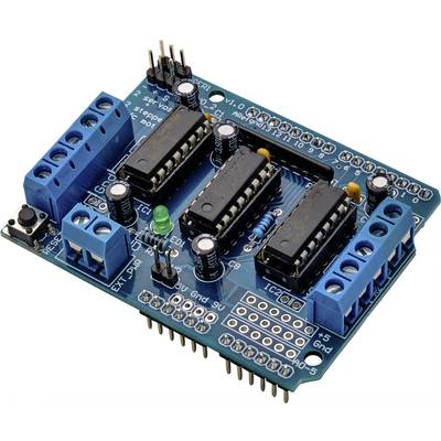 Bouclier Arduino avec emplacements pour microprocesseurs et connecteurs, sur une carte électronique bleue avec étiquetages et divers composants.